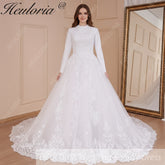 HEULORIA Muslim Wedding Dress long sleeve bride dress O neck plus size robe de mariee Lace beading  Bridal Gown BA-576